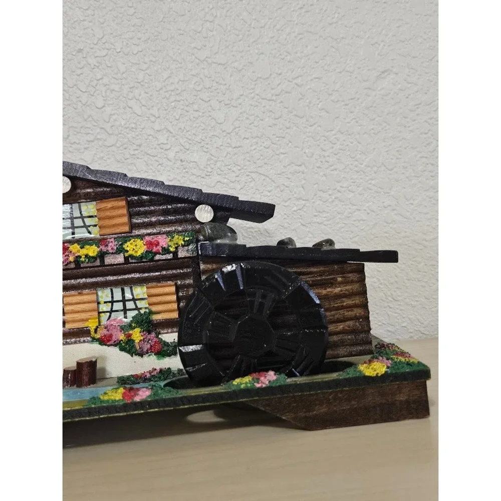Vintage Japan Wood Chalet Music Box Water Wheel Alpine Cabin Jewelry Box Mirror